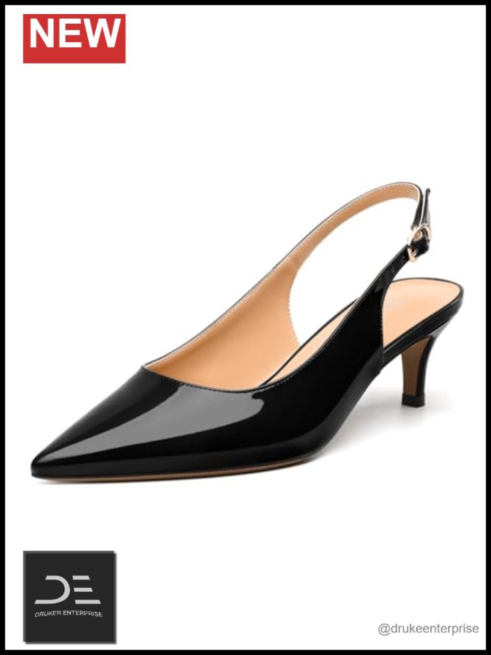 Women's Low Stiletto Heel Pumps, Pointed Toe Slingback with Adjustable Buckle,